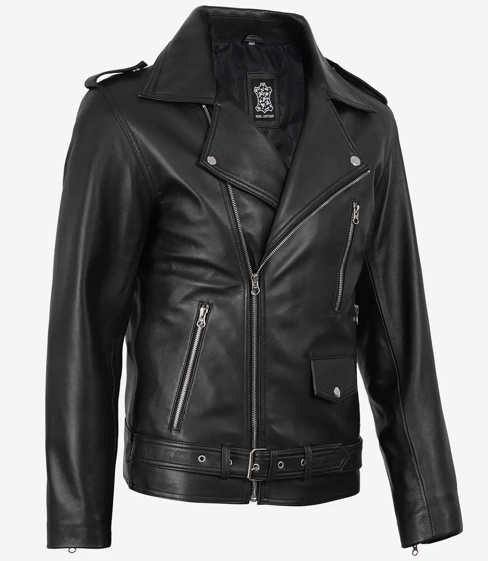 Veste en cuir asymétrique noire pour homme – Style moto