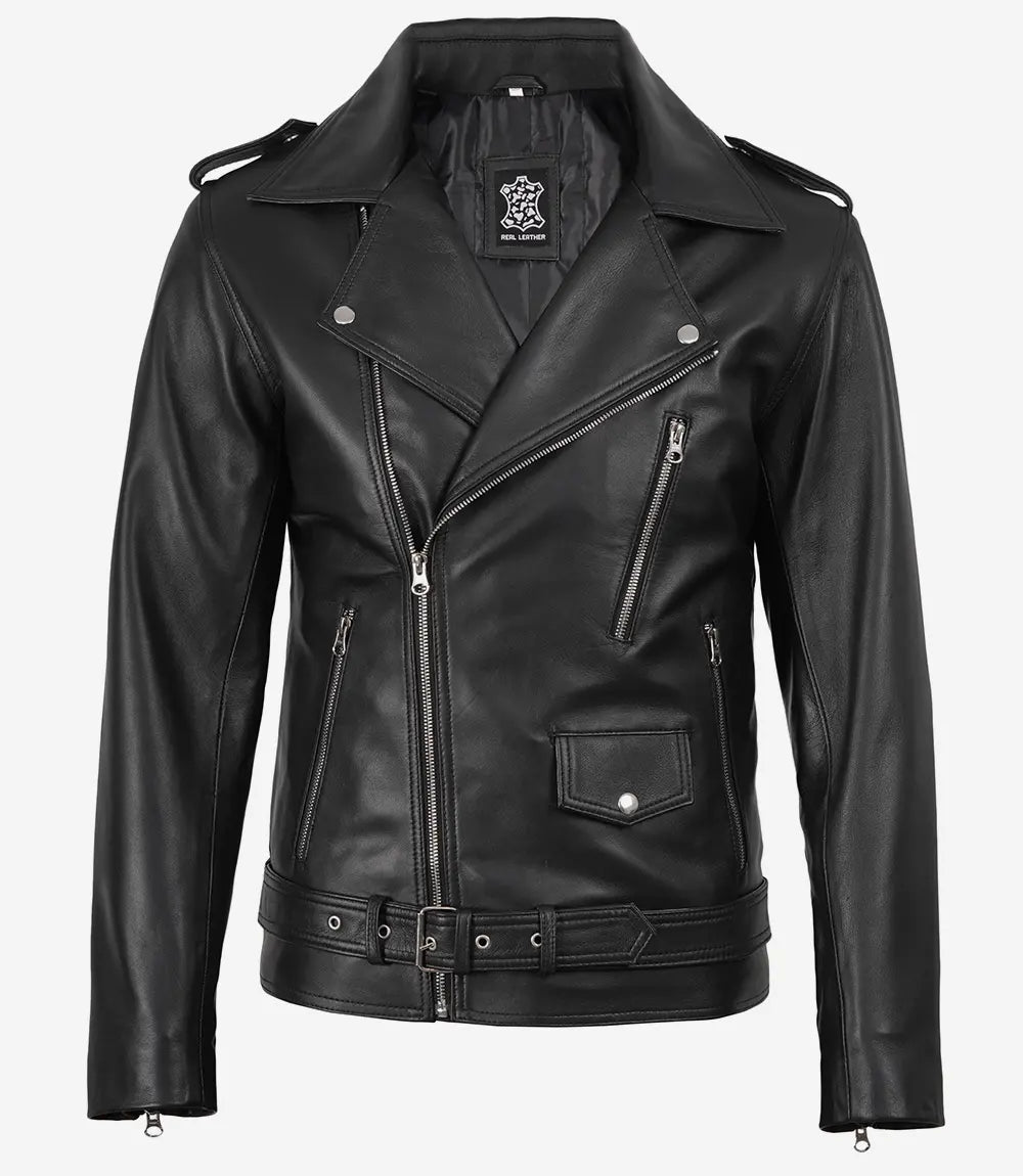 Veste en cuir asymétrique noire pour homme – Style moto