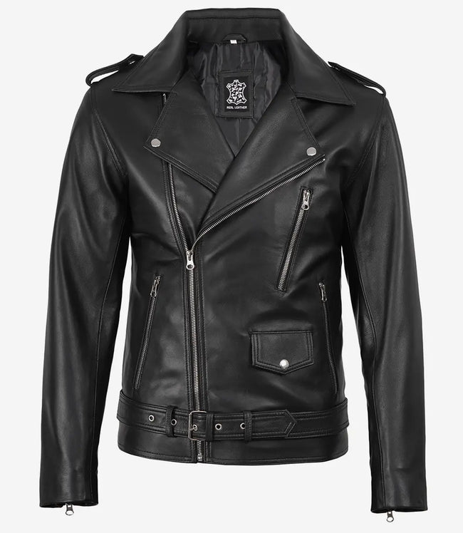 Veste en cuir asymétrique noire pour homme – Style moto