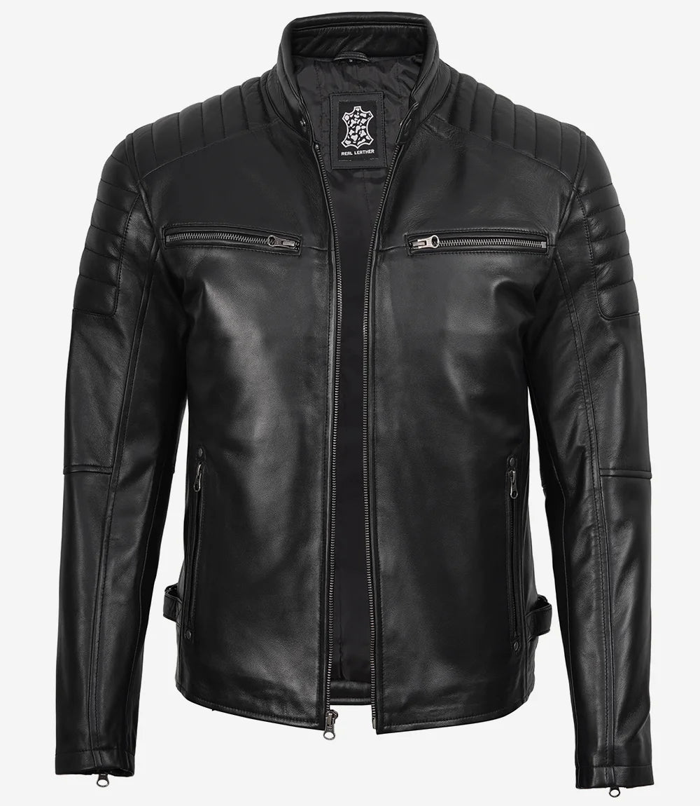 Veste en cuir noir style motard pour homme