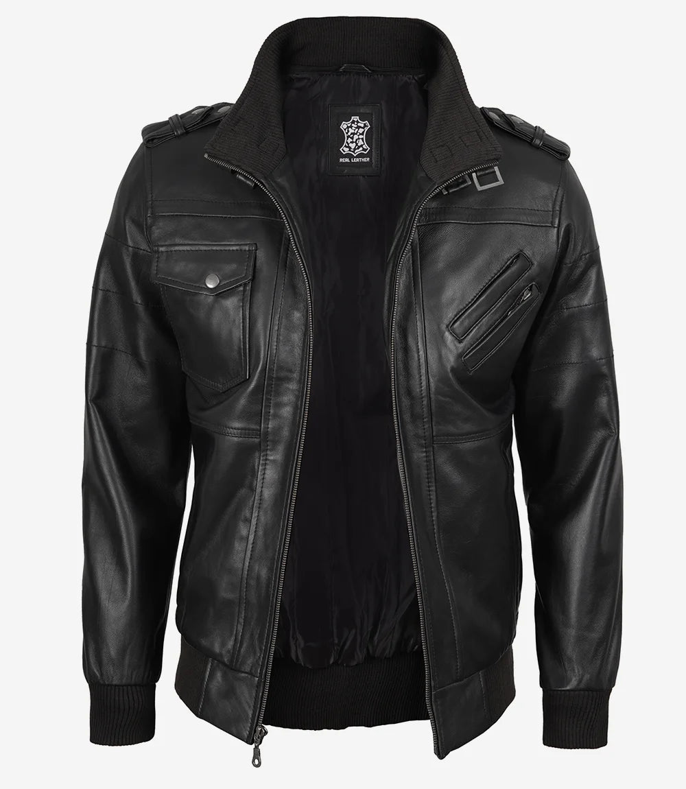 Blouson aviateur en cuir noir pour homme avec capuche amovible