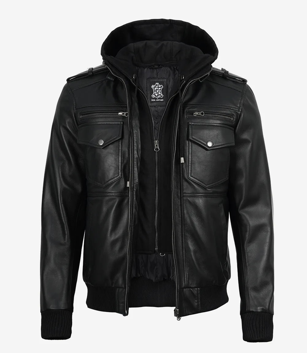 Mens Classic Black Bomber Leather Jacket with Hood