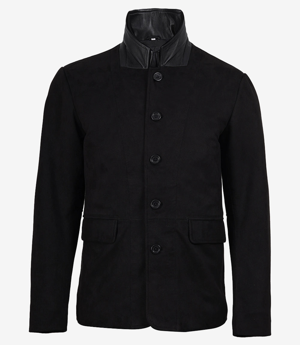 Men's Black Faux Suede Double-Layered Blazer with Leather Placket