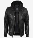 Blouson aviateur en cuir noir pour homme avec capuche amovible
