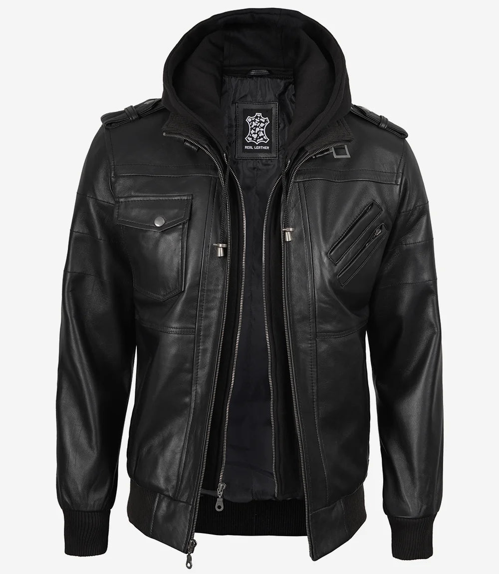 Blouson aviateur en cuir noir pour homme avec capuche amovible