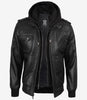 Blouson aviateur en cuir noir pour homme avec capuche amovible