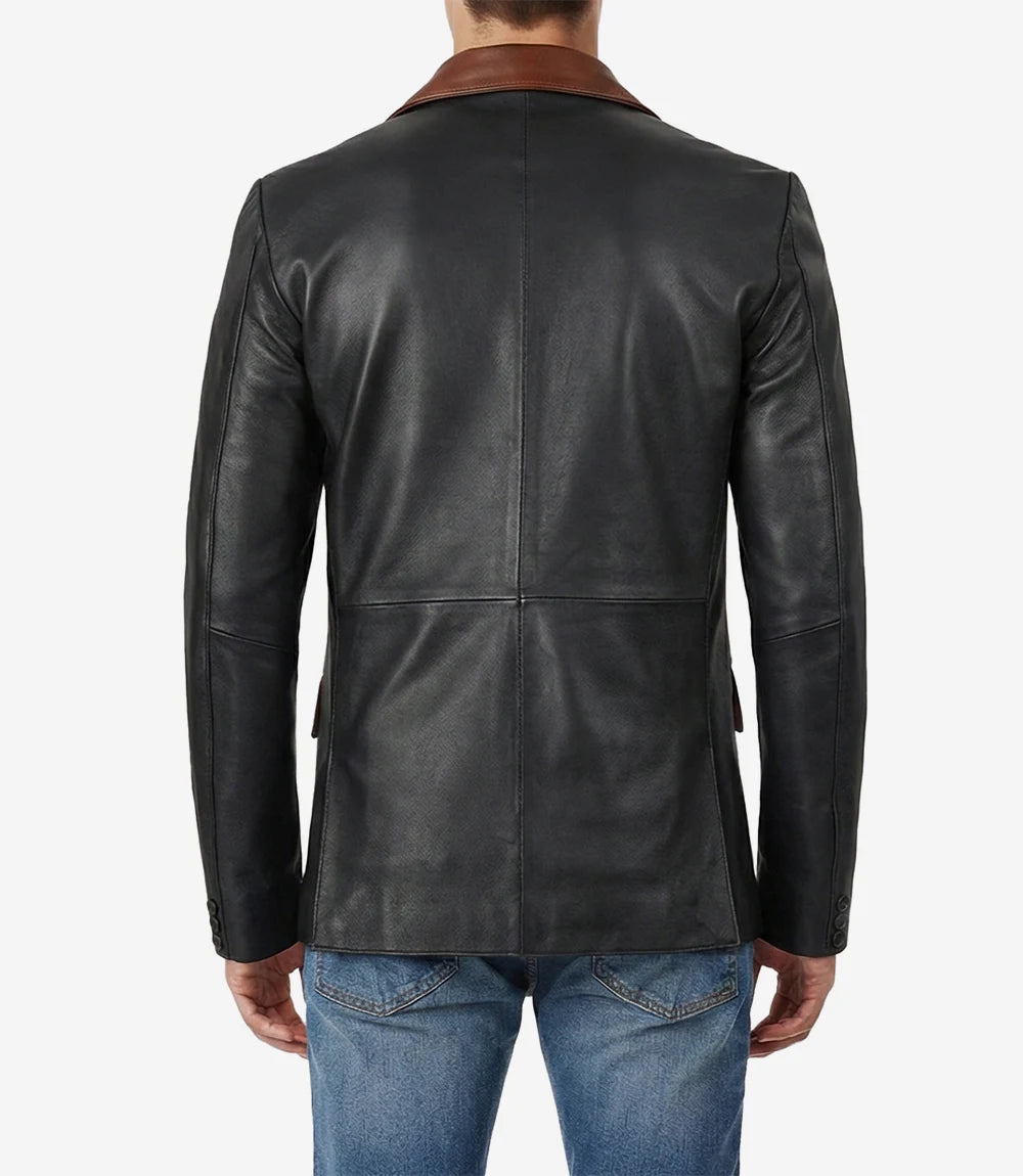 Men's Black Leather Blazer with Cognac Notch Lapel
