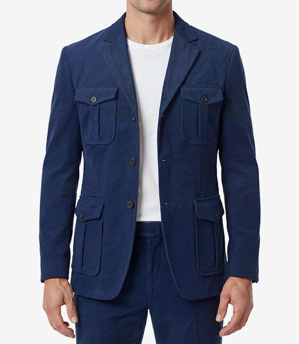 Men's Vintage Blue Corduroy Notch Lapel Two Piece Suit