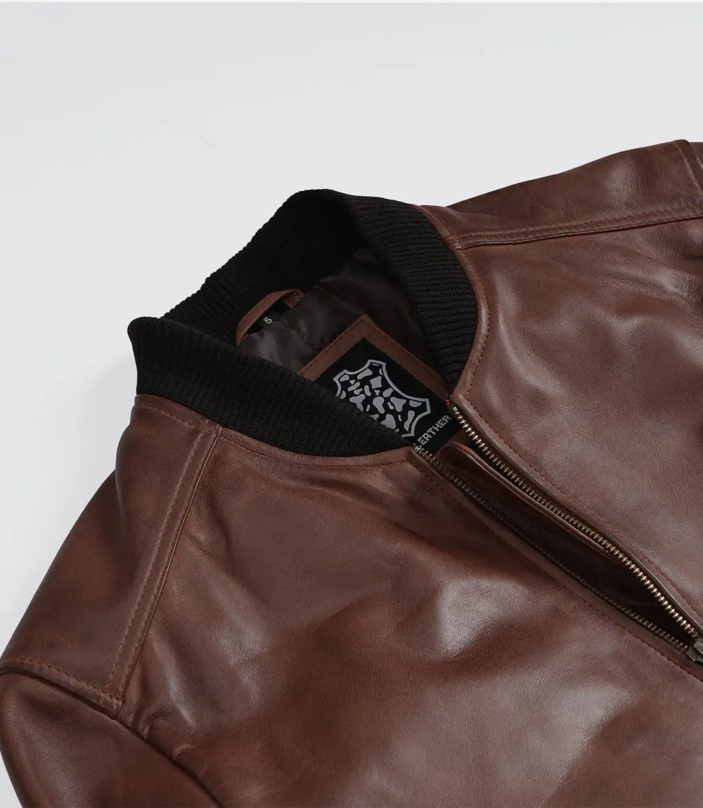 Men's Cognac Waxed Real Leather Bomber Jacket