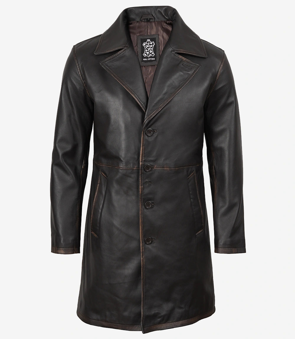 Manteau de voiture marron vieilli en cuir véritable pour homme