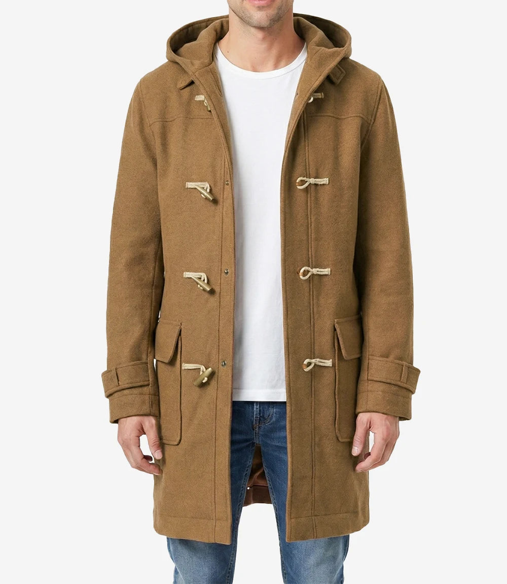 Mens Camel Brown Hooded Duffle Wool Coat