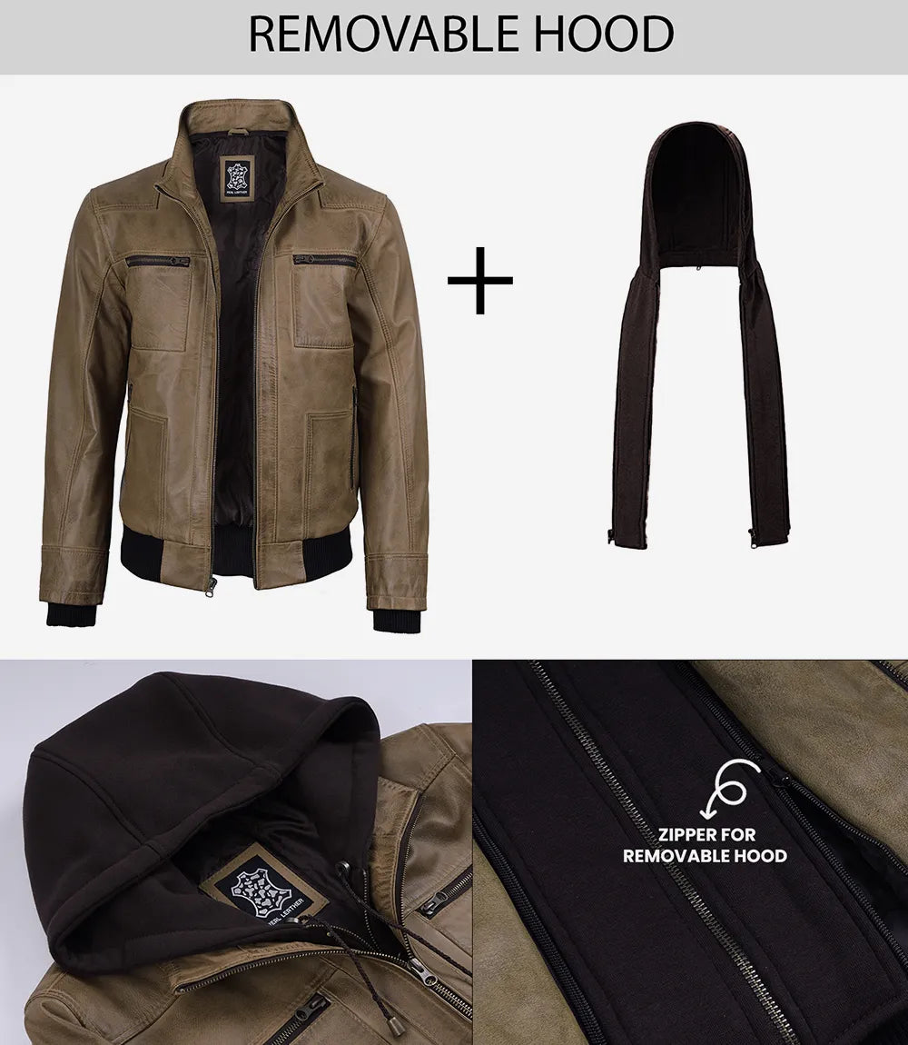 Men's Camel Waxed Leather Hooded Bomber Jacket