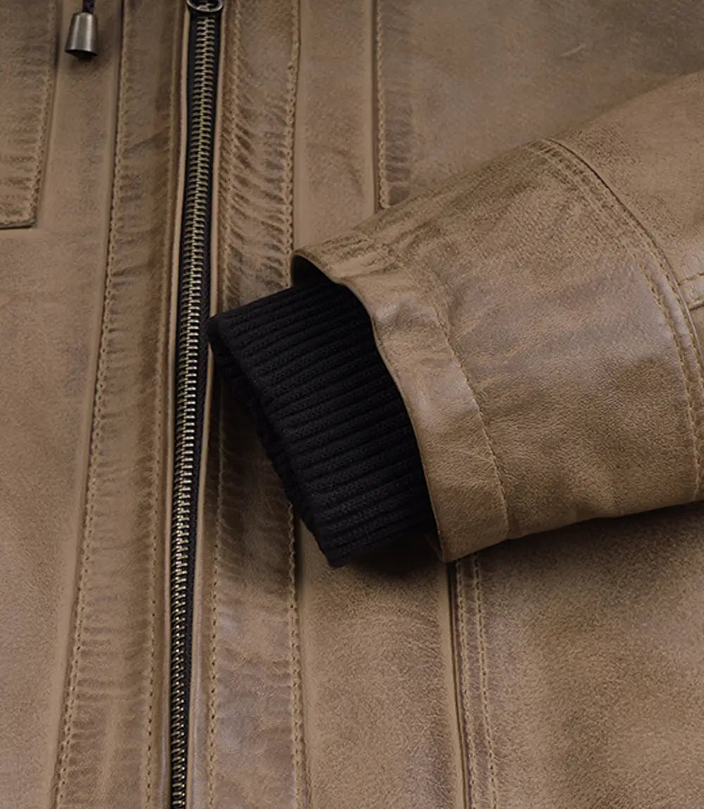 Men's Camel Waxed Leather Hooded Bomber Jacket