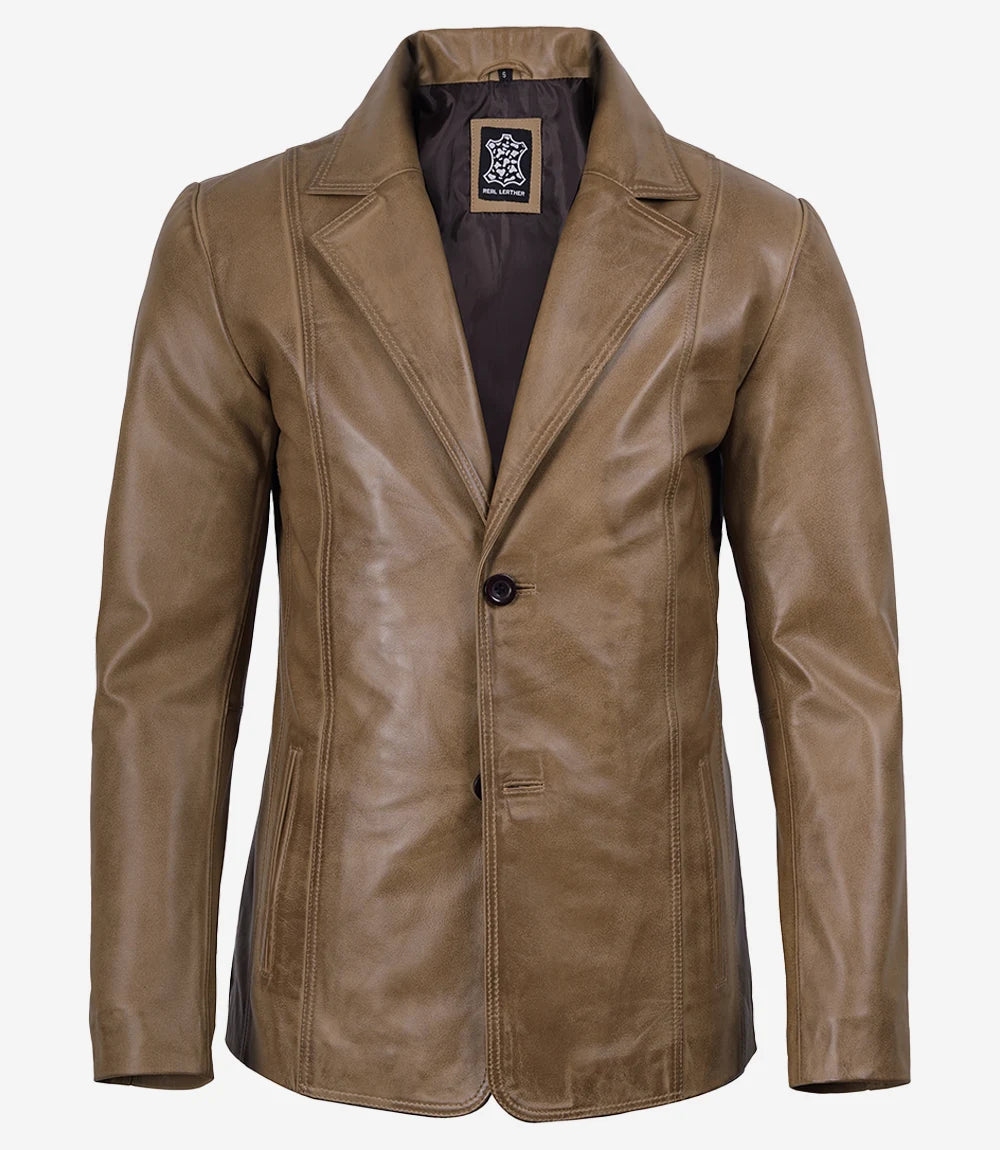 Men's Two-Button Camel Waxed Leather Blazer Jacket