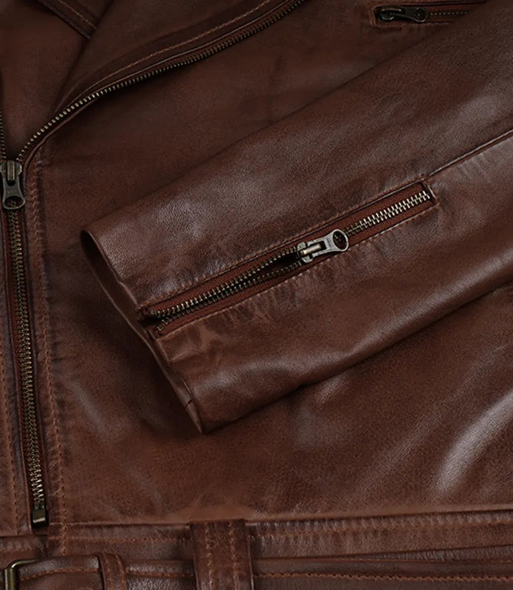 Mens Cognac Waxed Asymmetrical Biker Style Leather Jacket