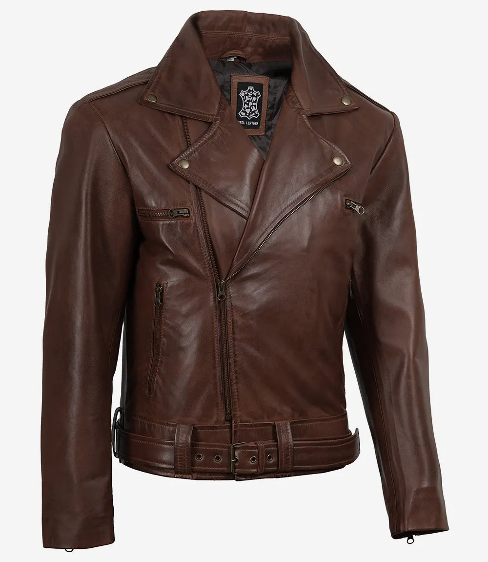 Mens Cognac Waxed Asymmetrical Biker Style Leather Jacket