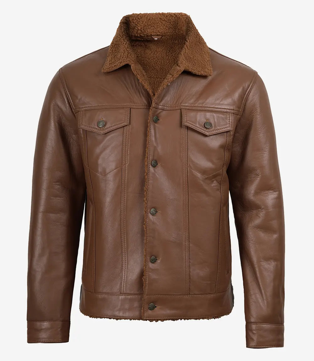Men's Cognac Brown Real Lambskin Leather Trucker Jacket – Sherpa Lined