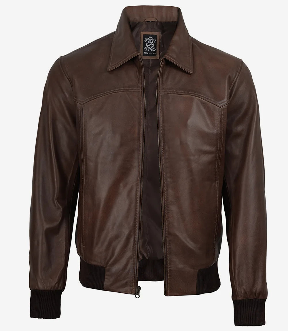 Mens Classic Dark Brown Leather Bomber Jacket