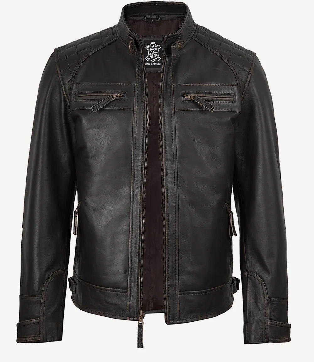 Veste en cuir marron vieilli style motard pour homme - Épaules matelassées