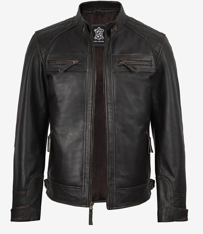Veste style motard en cuir marron vieilli pour homme - Épaules matelassées