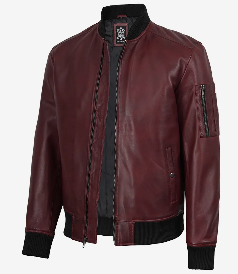 Men’s Burgundy Waxed Leather Flight Bomber Jacket