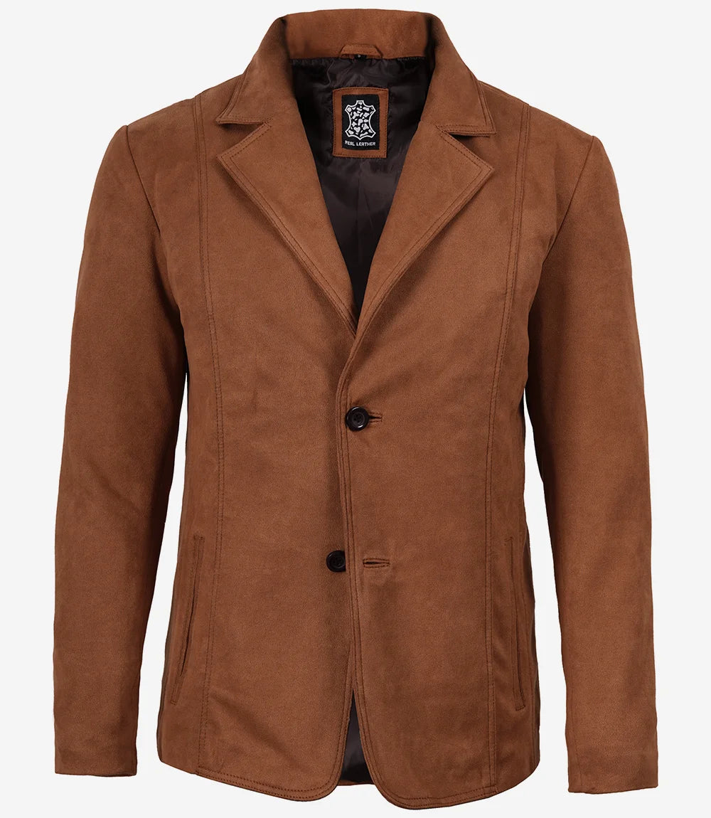 Men's Light Brown Faux Suede Two-Button Blazer Jacket
