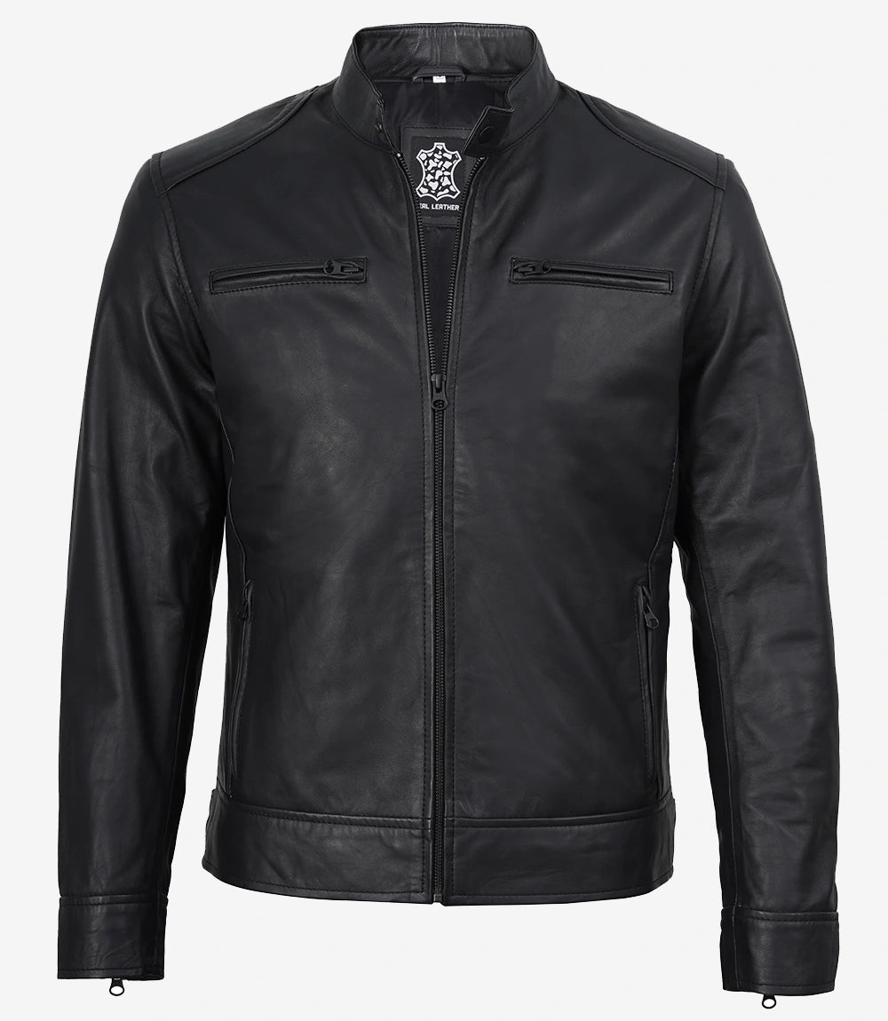 Mens Real Leather Matte Black Jacket - Biker Style