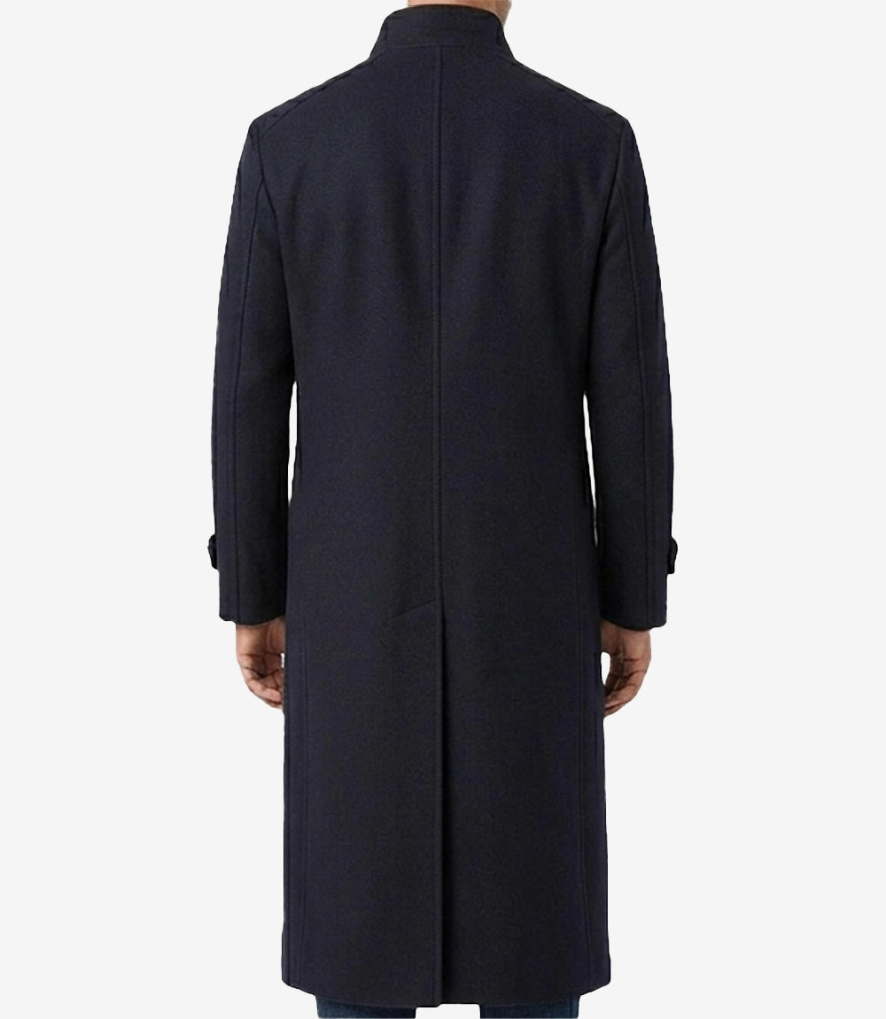 Men's Long Wool Blend Navy Blue Overcoat
