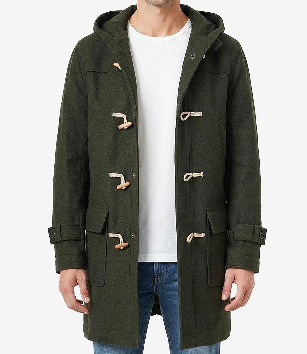 Mens Olive Green Hooded Duffle Wool Coat