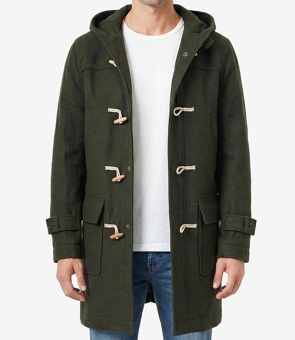 Mens Olive Green Hooded Duffle Wool Coat