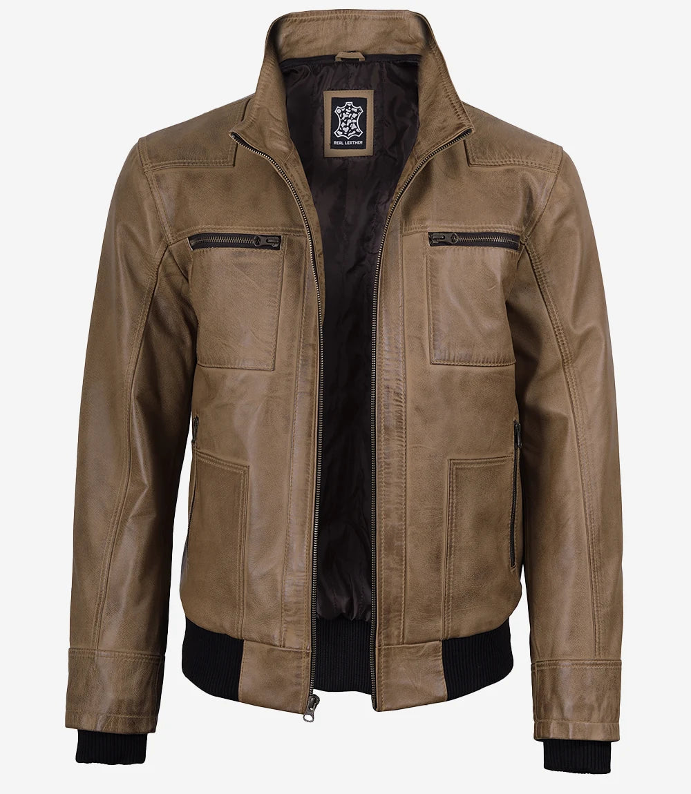 Men's Camel Waxed Leather Hooded Bomber Jacket