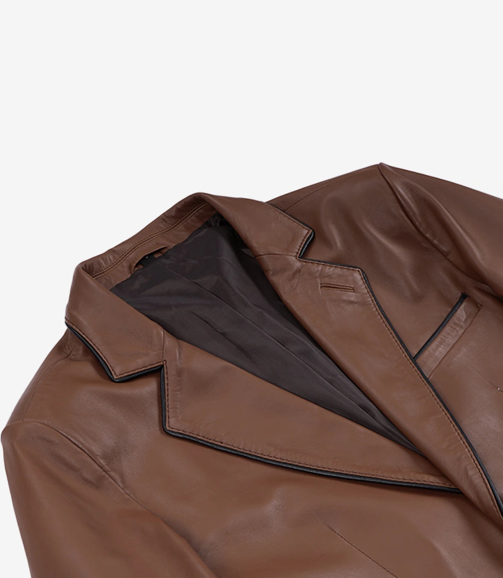 Men's 2 Button Cognac Leather Blazer - Black Piping Details