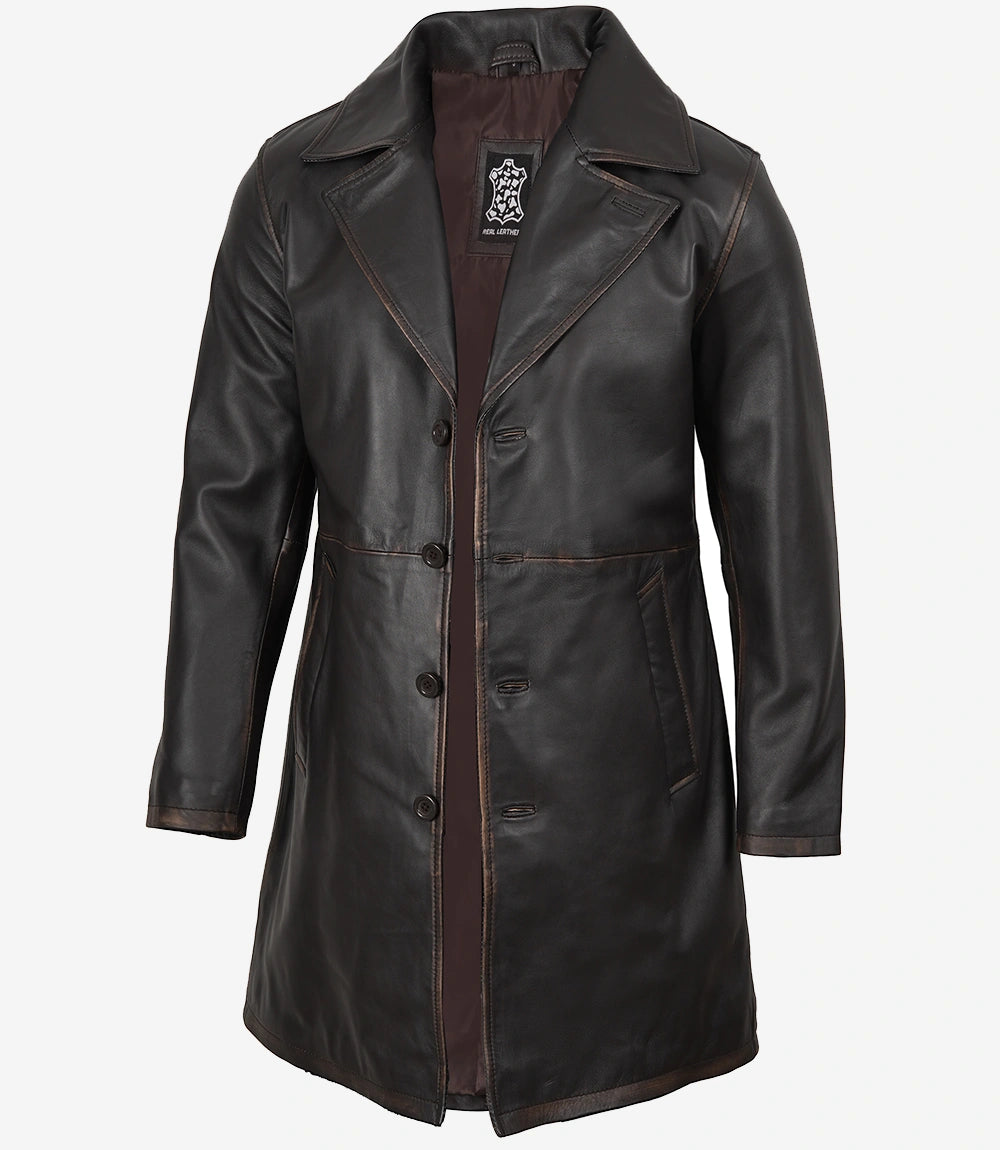 Manteau de voiture marron vieilli en cuir véritable pour homme