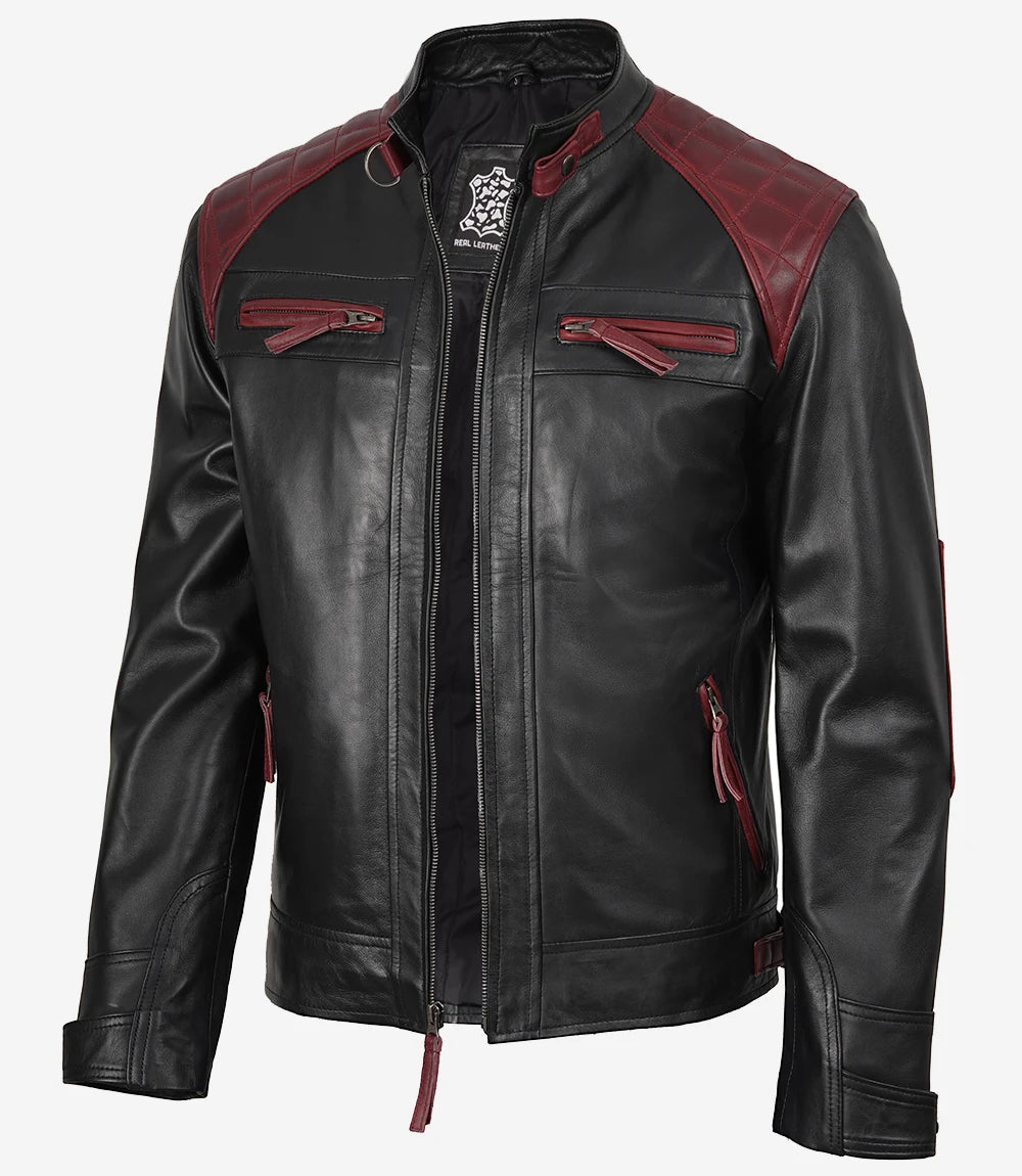 Veste en cuir style motard noir et bordeaux pour homme – Épaules matelassées