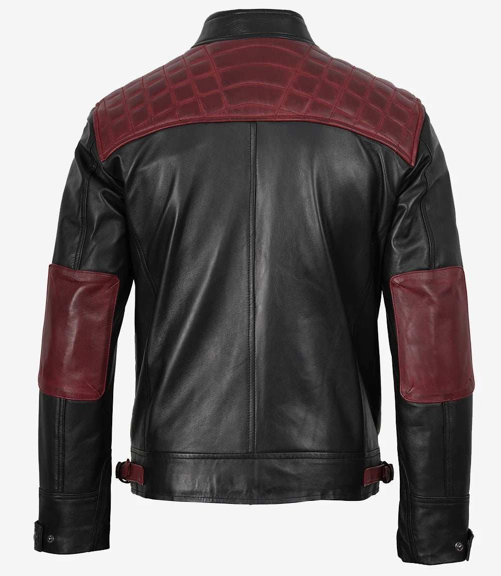 Veste en cuir style motard noir et bordeaux pour homme – Épaules matelassées