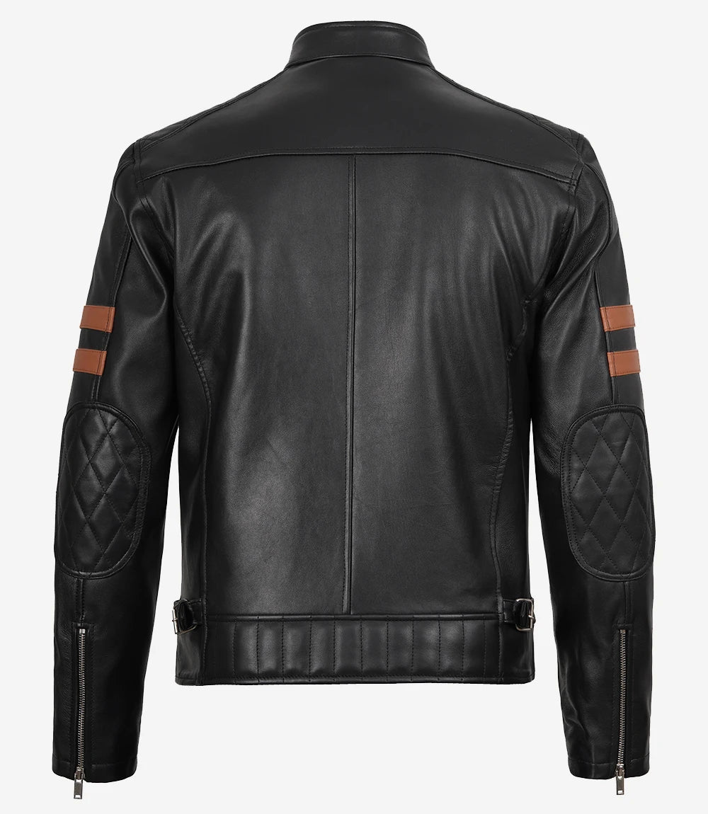 Veste motard en cuir noir pour homme avec bandes beiges sur les bras