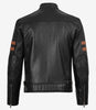 Veste motard en cuir noir pour homme avec bandes beiges sur les bras