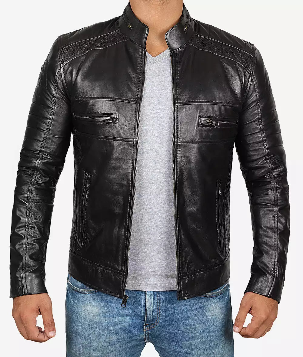 Mens Tall Black Cafe Racer Leather Jacket
