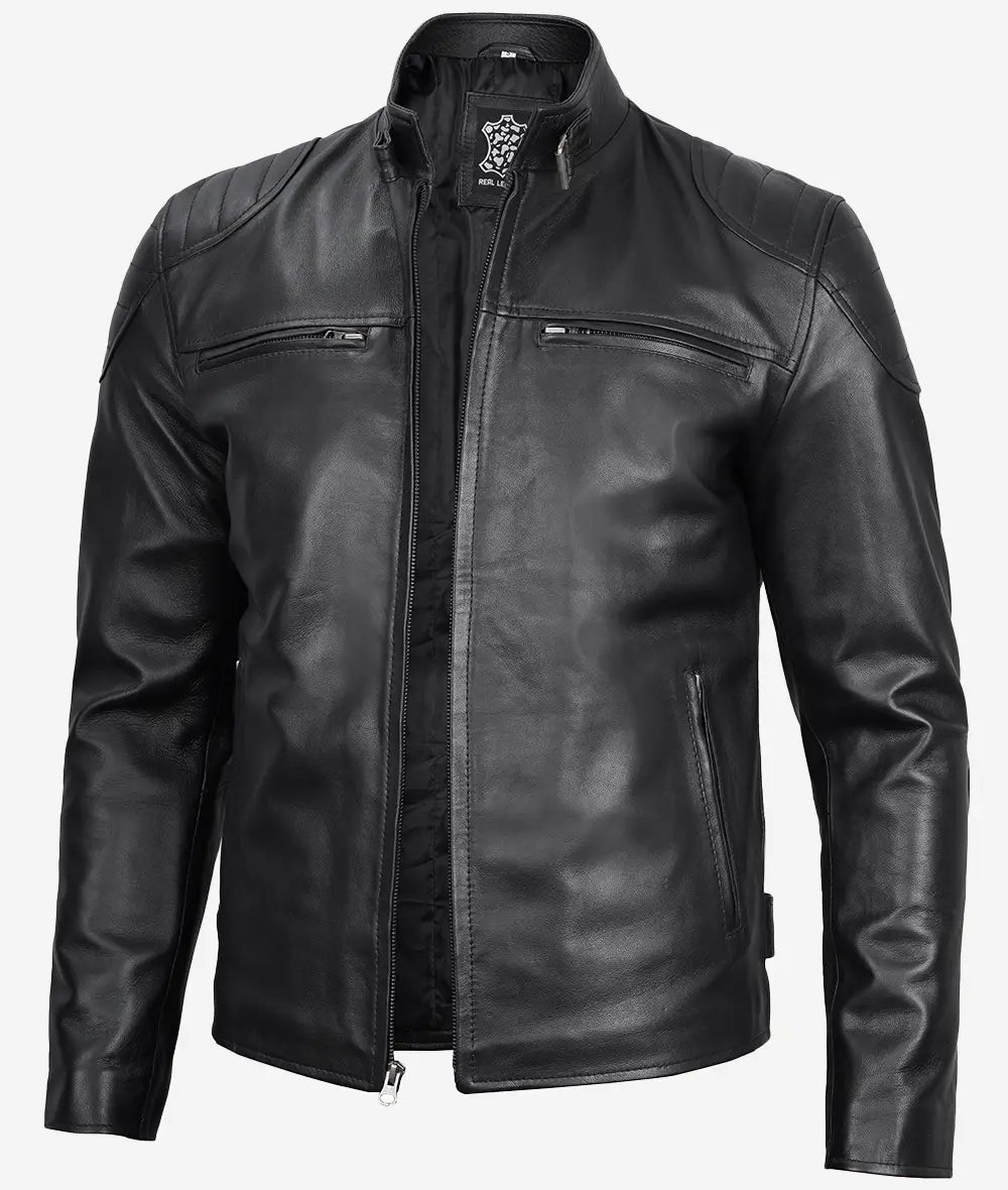 Mens Black Leather Racer Jacket