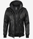 Veste en cuir noir pour homme avec capuche amovible grise