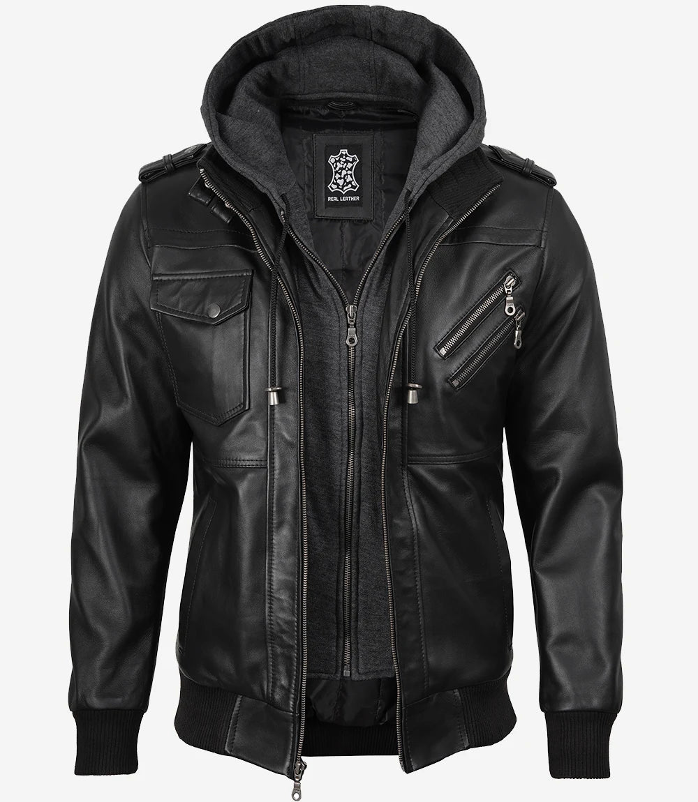 Veste en cuir noir pour homme avec capuche amovible grise