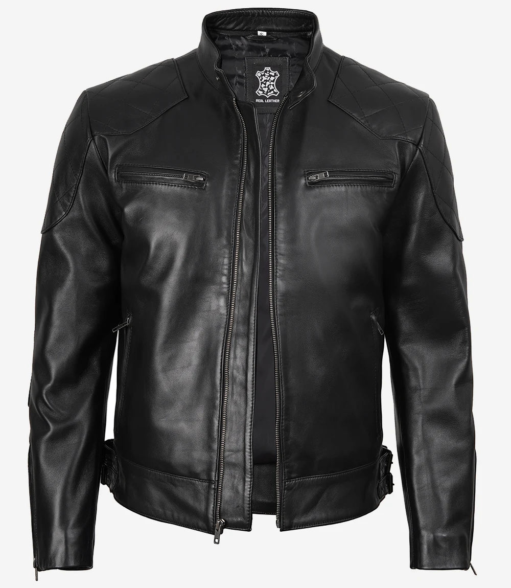 Veste de motard noire en cuir véritable pour homme