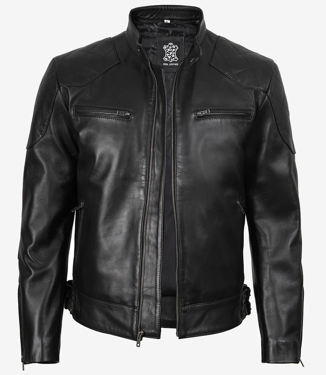 Veste de motard noire en cuir véritable pour homme