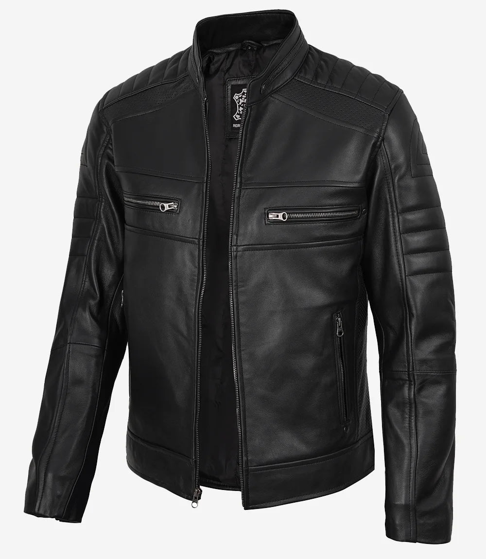 Veste de motard noire en cuir d'agneau véritable pour homme 