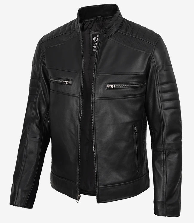 Veste de motard noire en cuir d'agneau véritable pour homme 