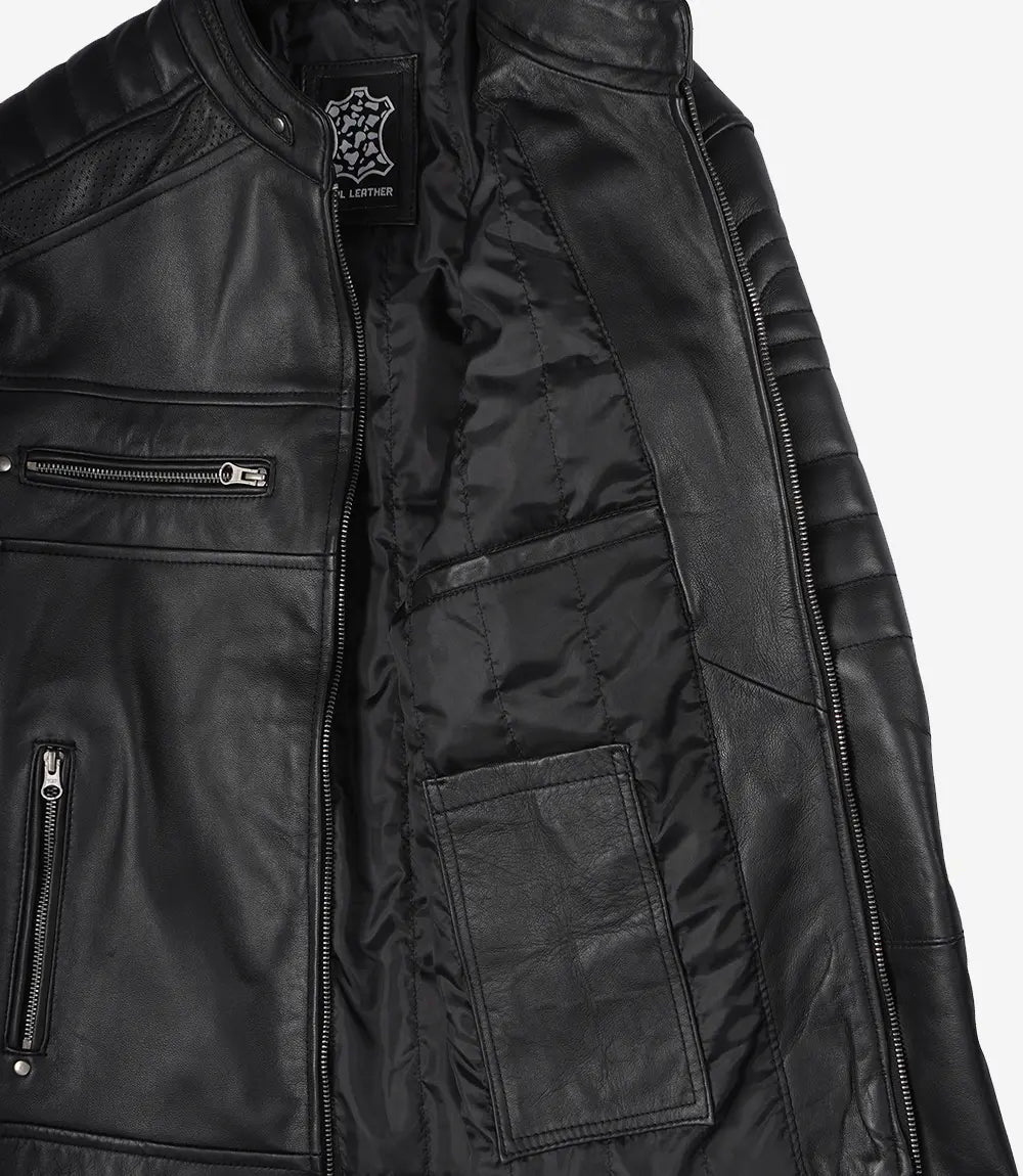 Veste de motard noire en cuir d'agneau véritable pour homme 