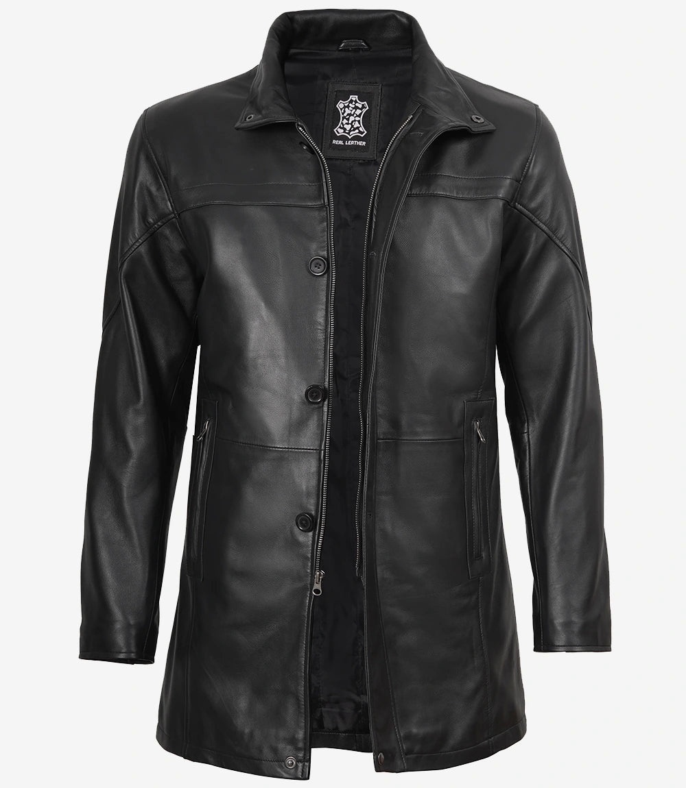 Mens Tall Black Leather Car Coat