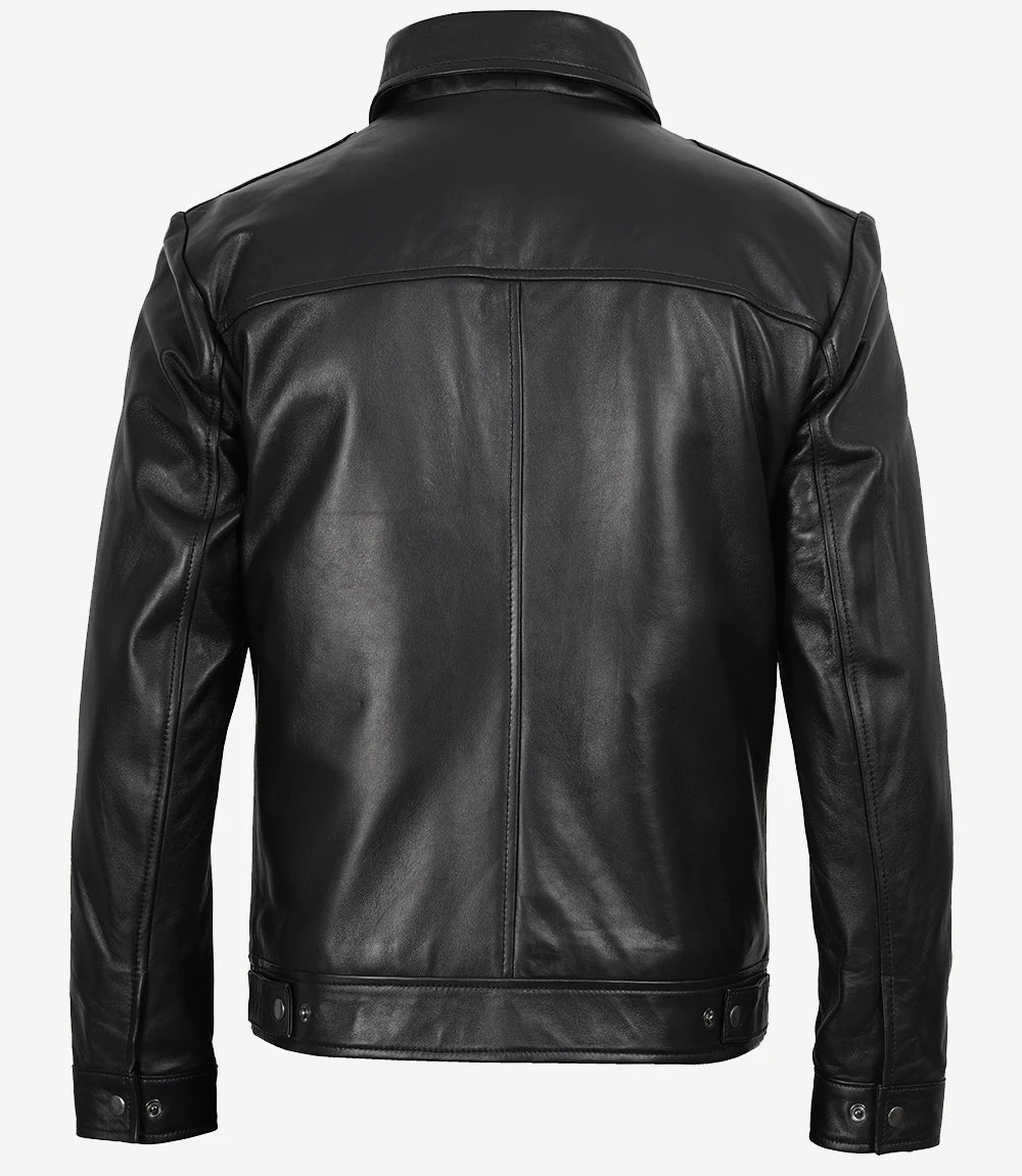 Veste en cuir Harrington noire à col chemise pour homme Reeves