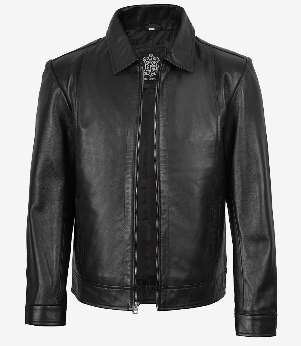 Veste en cuir Harrington noire à col chemise pour homme Reeves