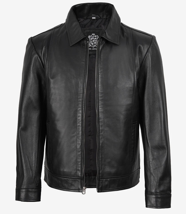 Veste en cuir Harrington noire à col chemise pour homme Reeves